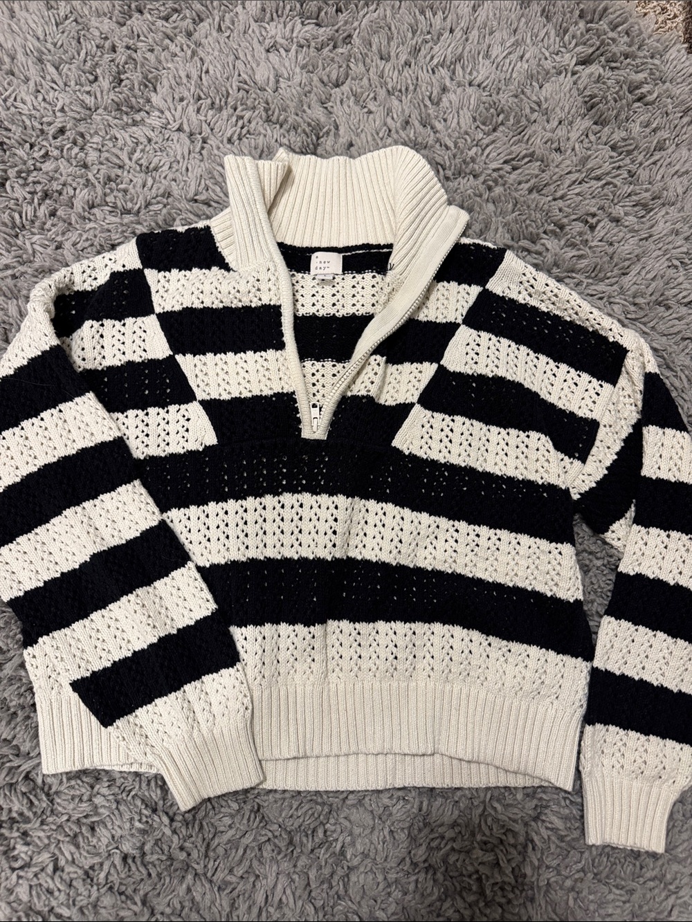 Black and White Striped Half-Zip “a new day” Turtleneck Sweater